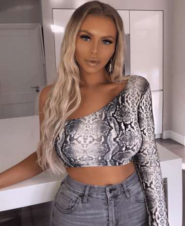 Snake Print One Shoulder Long Sleeve Crop Top