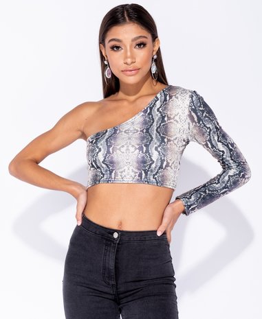 Snake Print One Shoulder Long Sleeve Crop Top