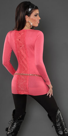 Sexy Koucla long sweater met studs en kant in coral