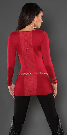 Sexy Koucla long sweater met studs en kant in Rood