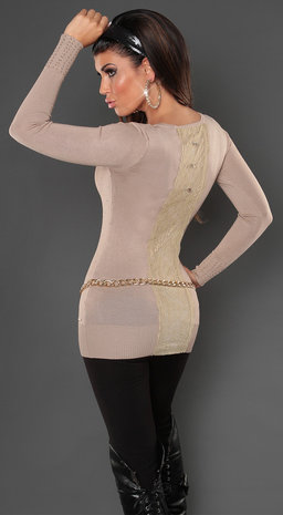 Sexy Koucla long sweater met studs en kant in beige