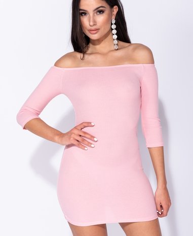 Bardot Rib Knit Bodycon Mini Dress in Roze