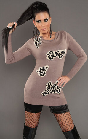 Sexy KouCla Longsweater met Leo Patches en Strikjes in Cappuccino