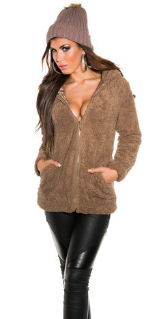 Trendy Knitted Muts met Fake Fur Pom Pon in Cappuccino