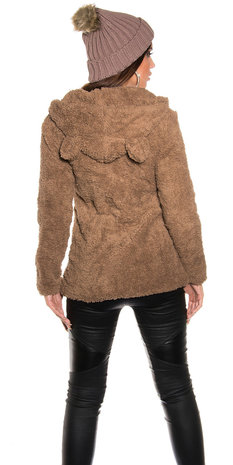 Trendy Knitted Muts met Fake Fur Pom Pon in Cappuccino