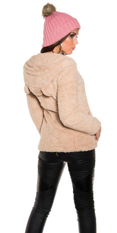 Trendy Knitted Muts met Fake Fur Pom Pon in Zalm