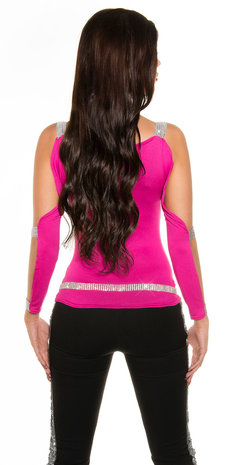 Sexy Longsleeve met Open sleeves en Rhinestones in Fuschia