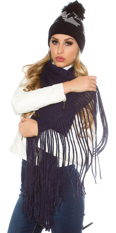 Trendy XL Knit Sjaal met fringe in Navy