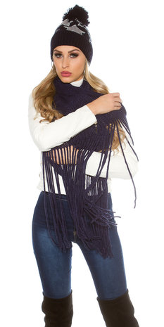 Trendy XL Knit Sjaal met fringe in Navy