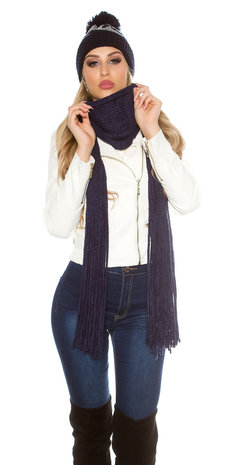 Trendy XL Knit Sjaal met fringe in Navy