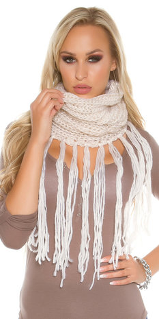 Trendy Loop Sjaal met fringes & Gliiters in Wit