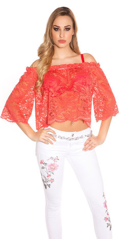 Sexy Carmen Kanten Shirt in Coral
