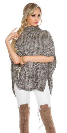 Trendy KouCla Chunky Knit Poncho met Turtlenek in Zwart