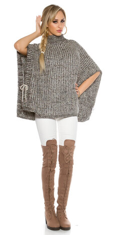 Trendy KouCla Chunky Knit Poncho met Turtlenek in Zwart