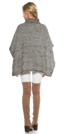 Trendy KouCla Chunky Knit Poncho met Turtlenek in Zwart