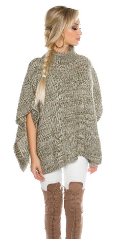 Trendy KouCla Chunky Knit Poncho met Turtlenek in Kaki