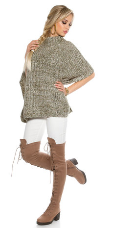 Trendy KouCla Chunky Knit Poncho met Turtlenek in Kaki