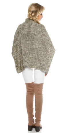 Trendy KouCla Chunky Knit Poncho met Turtlenek in Kaki