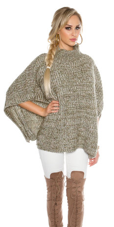 Trendy KouCla Chunky Knit Poncho met Turtlenek in Kaki