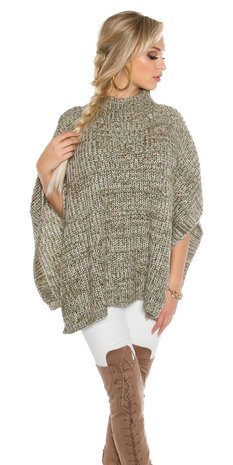 Trendy KouCla Chunky Knit Poncho met Turtlenek in Kaki