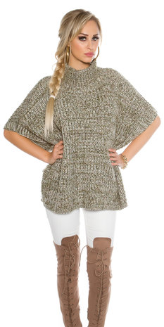 Trendy KouCla Chunky Knit Poncho met Turtlenek in Kaki