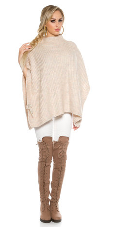 Trendy KouCla Chunky Knit Poncho met Turtlenek in Roze