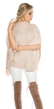 Trendy KouCla Chunky Knit Poncho met Turtlenek in Roze