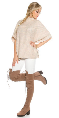 Trendy KouCla Chunky Knit Poncho met Turtlenek in Roze