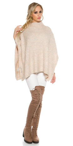 Trendy KouCla Chunky Knit Poncho met Turtlenek in Roze