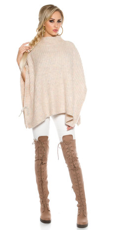 Trendy KouCla Chunky Knit Poncho met Turtlenek in Roze