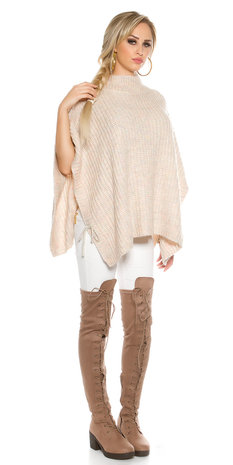 Trendy KouCla Chunky Knit Poncho met Turtlenek in Roze