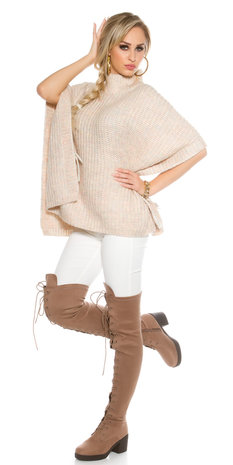 Trendy KouCla Chunky Knit Poncho met Turtlenek in Roze