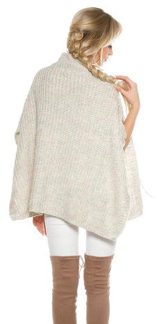 Trendy KouCla Chunky Knit Poncho met Turtlenek in Wit