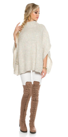 Trendy KouCla Chunky Knit Poncho met Turtlenek in Wit