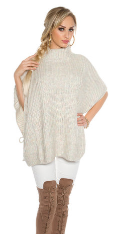 Trendy KouCla Chunky Knit Poncho met Turtlenek in Wit