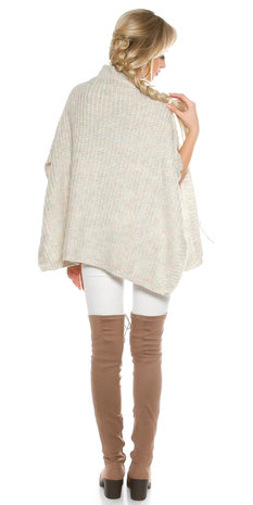 Trendy KouCla Chunky Knit Poncho met Turtlenek in Wit