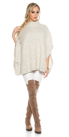 Trendy KouCla Chunky Knit Poncho met Turtlenek in Wit