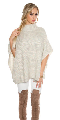 Trendy KouCla Chunky Knit Poncho met Turtlenek in Wit