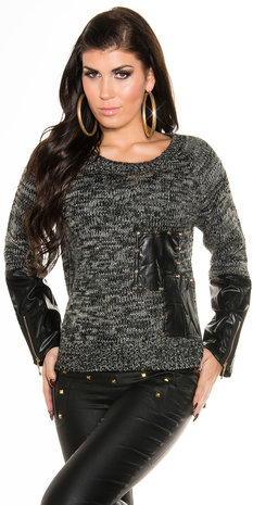 Sexy Knit Sweater met Leather Look Applications in Zwart