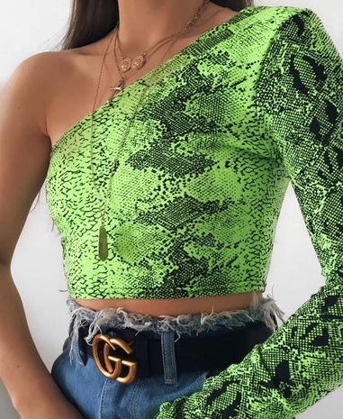 Snake Print One Shoulder Crop Top in Groen