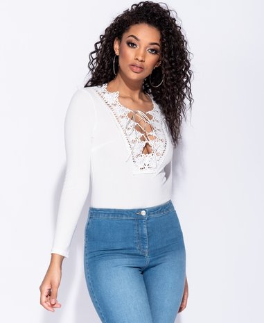 Lace Up Front Crochet Trim Long Sleeve Bodysuit