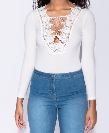 Lace Up Front Crochet Trim Long Sleeve Bodysuit