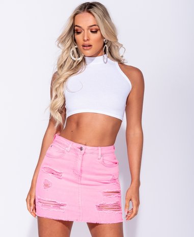 Rib Knit High Neck Crop Top in Wit