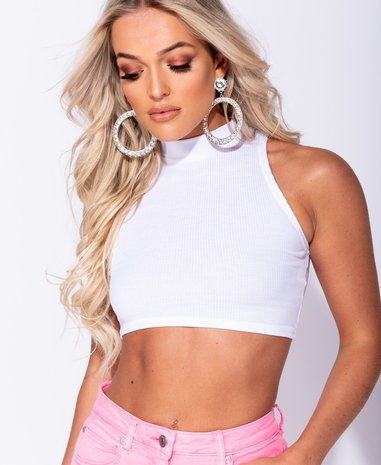 Rib Knit High Neck Crop Top in Wit