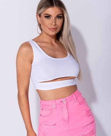 Cut Out Front Rib Knit Crop Top in Wit