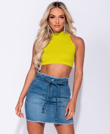 Rib Knit High Neck Crop Top in Lime