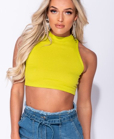 Rib Knit High Neck Crop Top in Lime