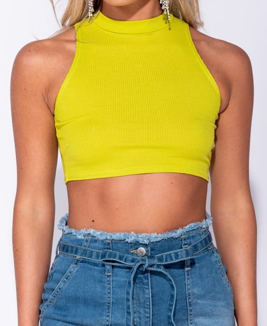 Rib Knit High Neck Crop Top in Lime