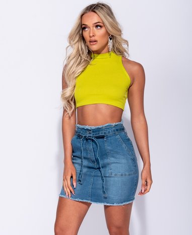 Rib Knit High Neck Crop Top in Lime