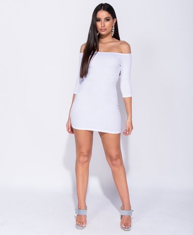 Bardot Rib Knit Bodycon Mini Dress in Wit